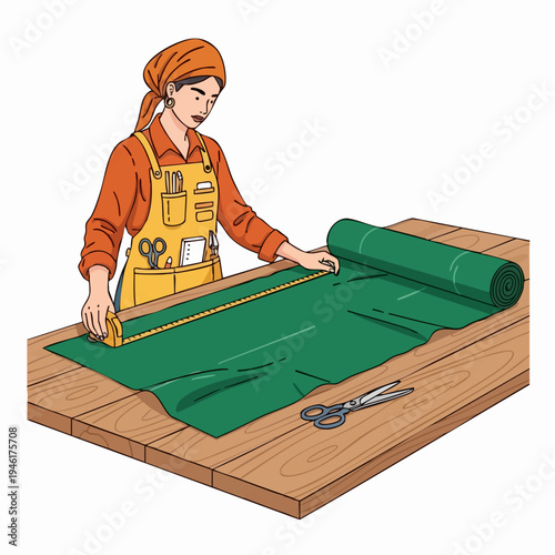 Woman measuring green fabric on a wooden table for sewing project.