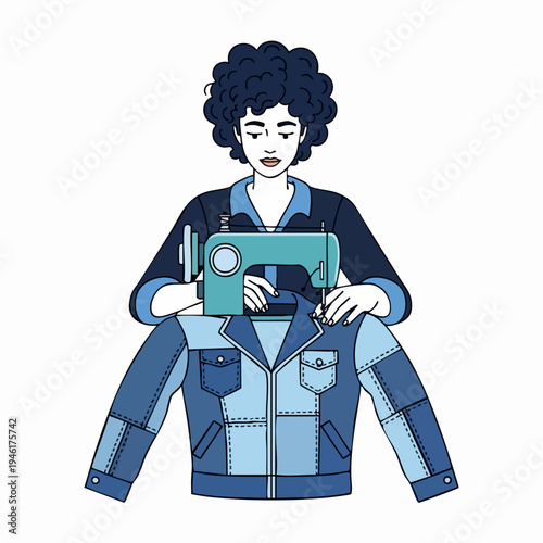 Woman sewing a patchwork denim jacket with a sewing machine.