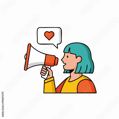 Woman with Megaphone Announcing Love Message.