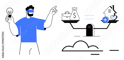 Financial decision-making. A modern composition finances, investment balance, and career with work-life balance. Financial trade-offs, responsibility, or strategic planning. Perfect for finance