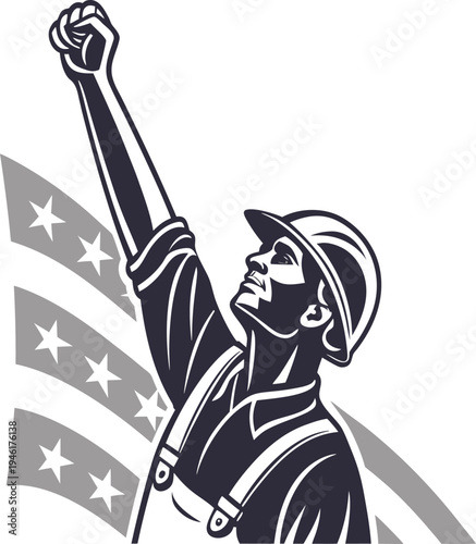 male worker raising fist in front of star striped background vector illustration