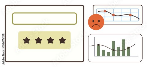 Customer feedback, data analysis, satisfaction trends, consumer rating, business performance, visual analytics. Star ratings, emoticon line graph bar chart. Customer feedback and data analysis