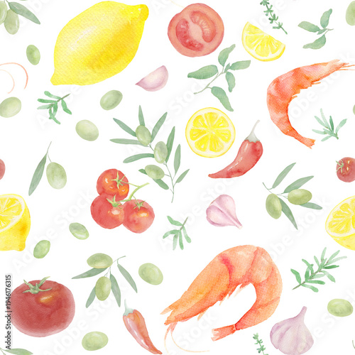 Mediterranean Cuisine Watercolor Seamless Pattern with Shrimp, Lemons and Tomatoes