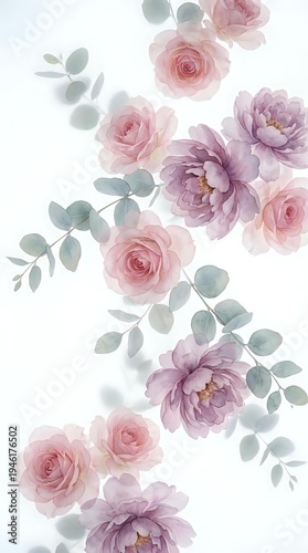 Watercolor floral pattern with pink roses, purple peonies and eucalyptus leaves on white background for wedding invitations, greeting cards and textile design.