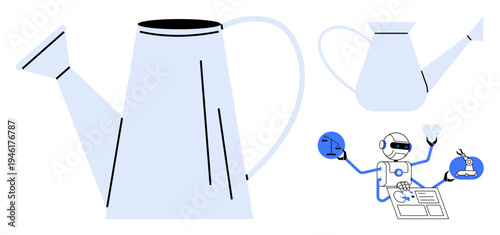 Gardening, automation, technology, robotics, innovation, multitasking. Watering cans alongside a robot performing tasks. Gardening and automation portrayed in a conceptual design