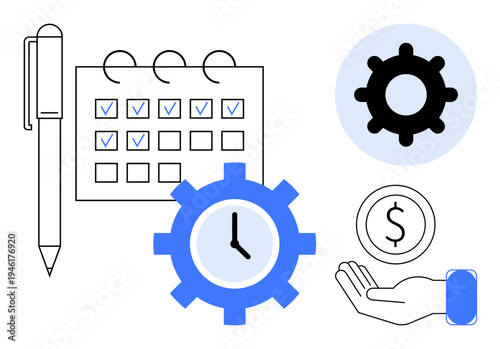 Time management concept. Time management integrates effective scheduling, productivity tools, and financial planning. Time management benefits business innovation and team collaboration. Ideal