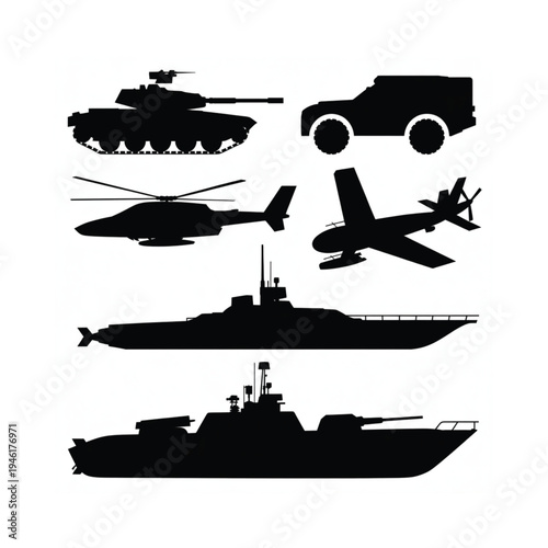Silhouette collection of various military vehicles including tanks planes and ships