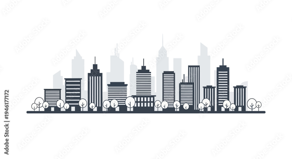 Fototapeta premium Cityscape illustration shows a daytime view of buildings and trees.