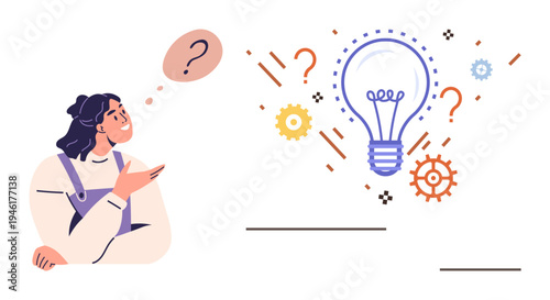 Creativity, problem solving, innovation, brainstorming, curiosity, decision making. A woman thinking with question marks, a lightbulb and gears. Creativity and problem solving concepts