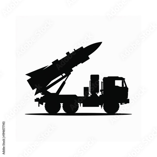 Silhouette of a military missile launcher on a transport vehicle