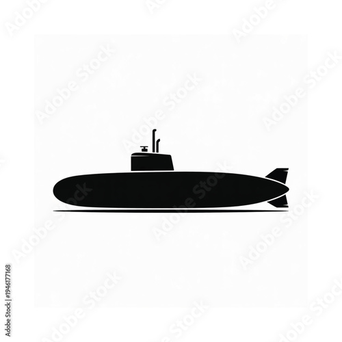 A minimalist depiction of a black submarine against a white background