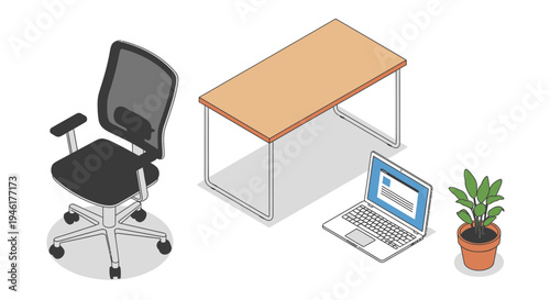 Office worker sits at wooden desk with laptop and potted plant nearby