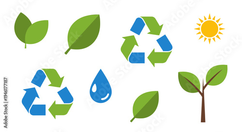 Eco friendly symbols and leaves illustrate recycling and nature