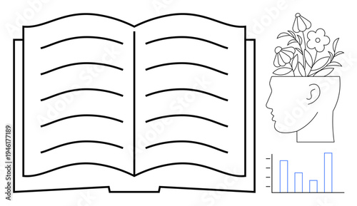 Open book with an outline of a human head sprouting flowers, symbolizing knowledge and creativity. Includes a bar chart to suggest growth, analytics, or education. Ideal for learning, growth