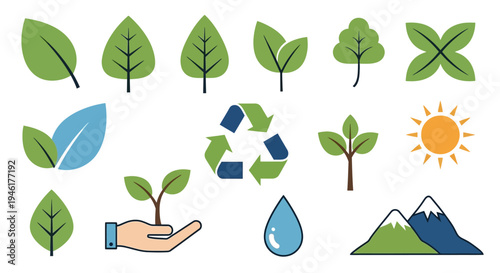 A hand holds a growing plant surrounded by leaves, recycling symbol, water droplet, and mountains under the sun, representing environmental conservation.