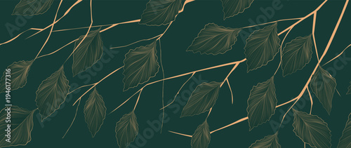 Dark green art background with golden leaves on branches in line art style. Botanical horizontal seamless pattern for wallpaper, decor, prints, textiles, posters, interiors, and packaging.