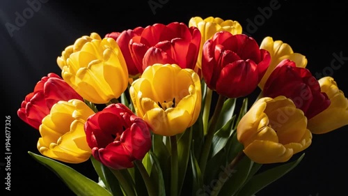 Brightly lit bouquet of vibrant yellow and red tulips against a dark backdrop showcasing floral beauty