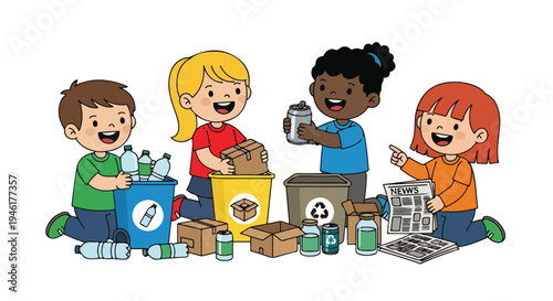 Four diverse children are actively sorting various recyclable materials like plastic bottles, cardboard boxes, aluminum cans, and newspapers into designated bins.