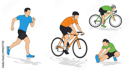 Athletes running, cycling, and stretching in a fitness routine together outdoors