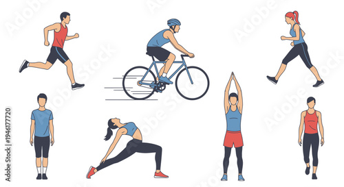 People are jogging, cycling, and stretching in a park environment outdoors.