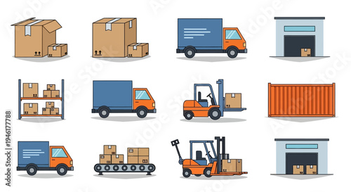 Vehicles and machines transport boxes in a warehouse loading operation