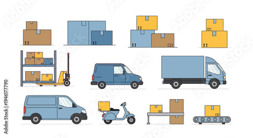 Vehicles and equipment transport packages and boxes around the city streets