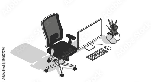 An office chair sits beside a computer and keyboard on a desk with a plant.