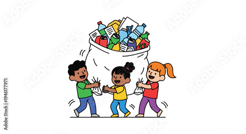 Three smiling children, two boys and a girl, work together to carry a large bag filled with various recyclables such as plastic bottles, cans, and paper.