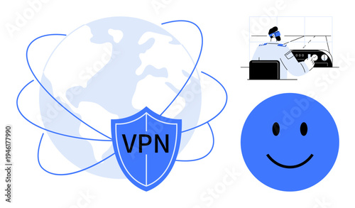 VPN concept. VPN ensures secure communication and internet privacy. VPN offers data encryption and protection in online browsing. For cybersecurity, global networks, technology, data safety, privacy