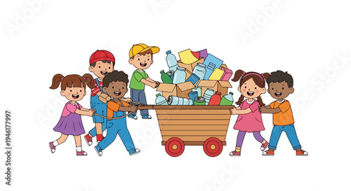 Diverse children happily pull and push a wooden cart filled with recyclable materials like bottles, cans, and boxes, promoting eco-consciousness.