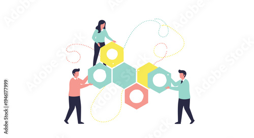 Vector illustration of 3 people working together with hexagons
