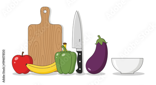 A kitchen scene with a cutting board, knife, and various fruits and vegetables on a table indoors.
