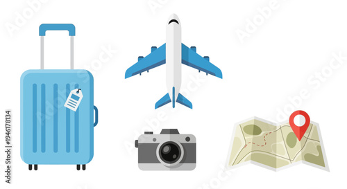 Travel essentials including a suitcase, airplane, camera, and map
