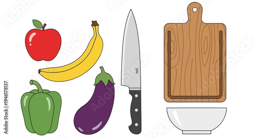 A colorful still life arrangement of fresh vegetables and fruit on a kitchen counter
