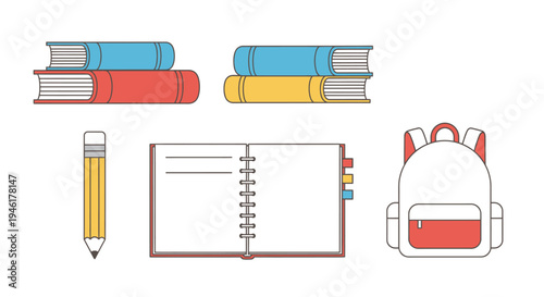 A colorful illustration of a school setting with books, backpack, notebook, and pencil.
