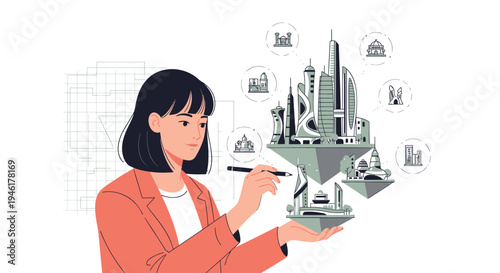 Vector illustration of woman designing cityscape with augmented reality