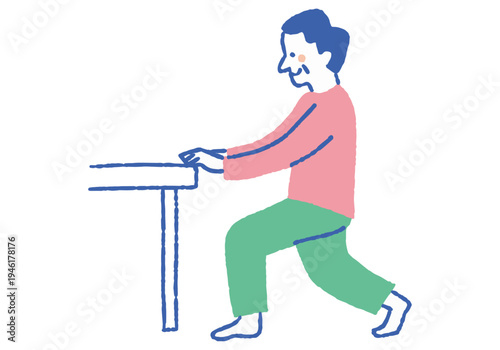 Senior man doing lunges while holding onto a desk_color