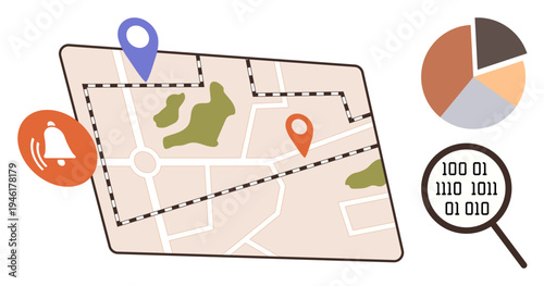 Data analysis, mapping tools, geolocation, business planning, GPS navigation, location tracking. A map with pins, a magnifying glass pie chart and notification icon. Data analysis and mapping tools