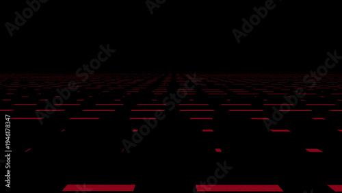 Red horizon dash field in perspective with glowing points on dark digital background texture