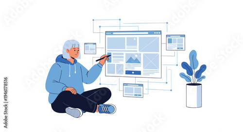 Vector illustration of a person designing a website on a computer