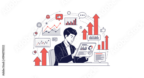 Vector illustration of businessman analyzing data and graphs