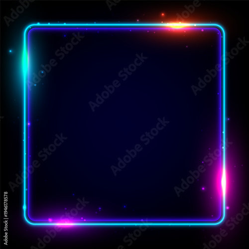 Neon blue square frame with vibrant light flares on dark starry background for futuristic tech design