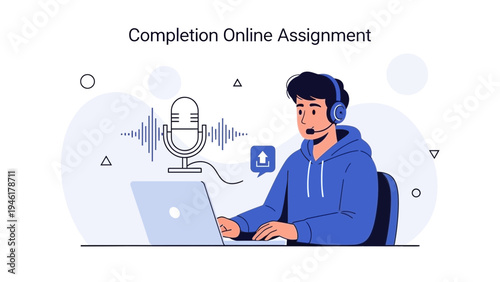 Young man wearing headset completing online assignment on laptop, audio waveform illustration