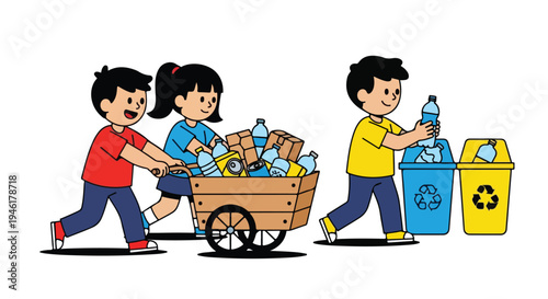 Children actively engage in recycling, with two pushing a cart full of sorted materials and one placing a bottle into a dedicated bin.
