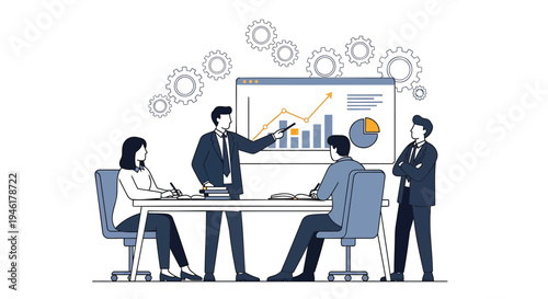 Vector illustration of business team meeting with graph and chart