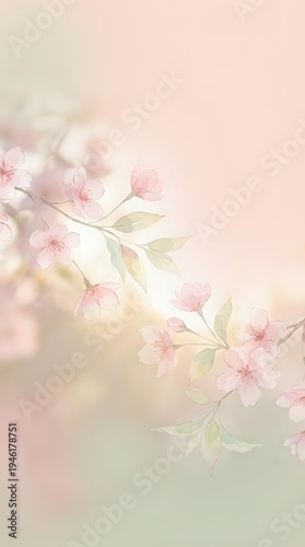 Soft pink cherry blossom branch with delicate petals on dreamy pastel gradient background for spring wedding invitations and romantic designs.