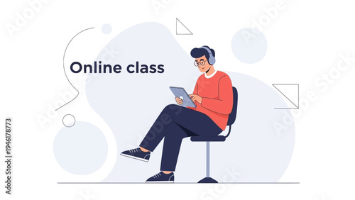 Young man with headphones attending online class on tablet, remote education concept