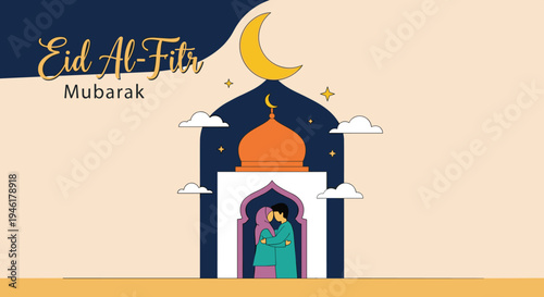 Happy Eid Mubarak Al Fitr FLat Minimalist Design Illustration