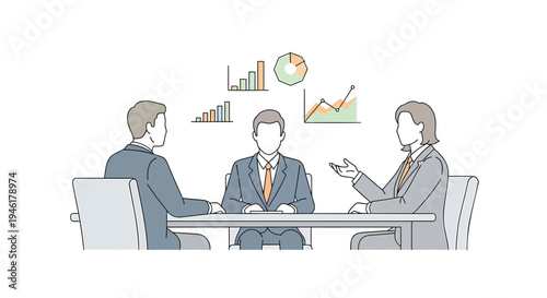 Vector illustration of three businessmen discussing data and statistics