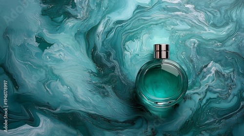 Teal perfume bottle on swirly blue background luxury fragrance concept
